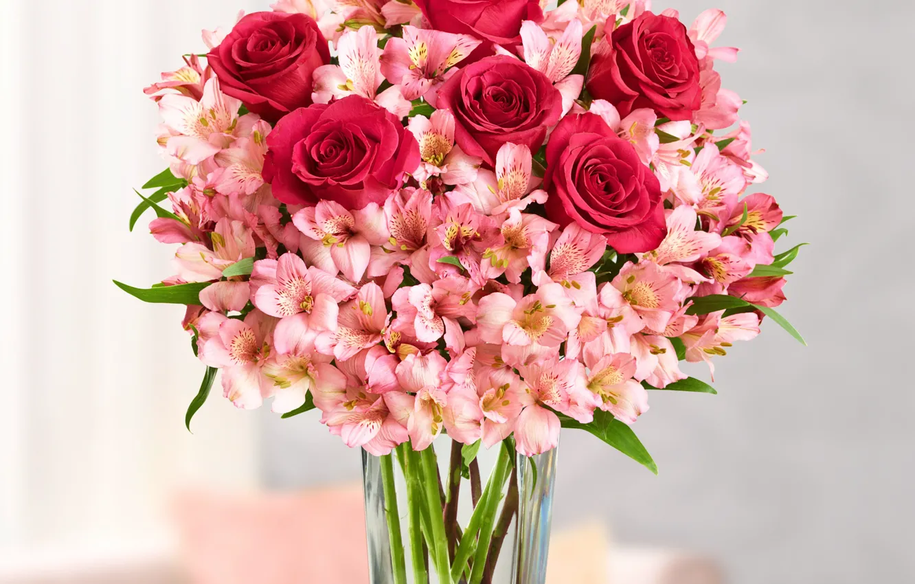 Photo wallpaper red, roses, roses, Alstroemeria, bouquets