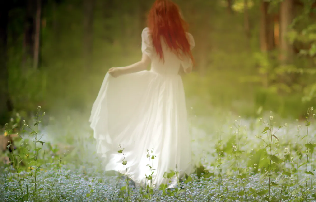 Photo wallpaper forest, girl, flowers
