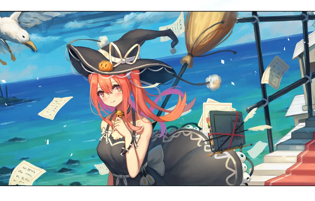Photo wallpaper sea, girl, seagulls, witch
