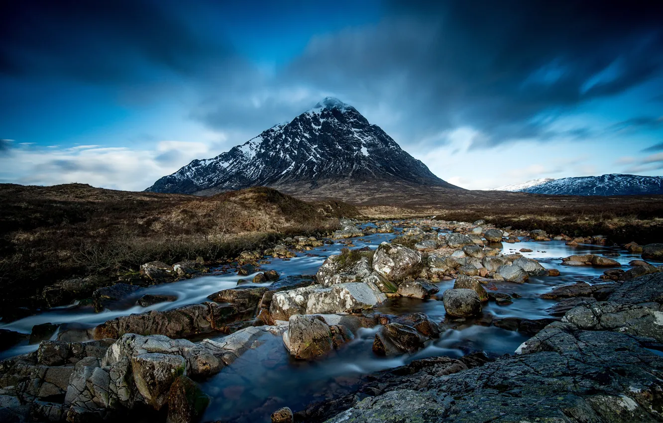 Photo wallpaper mountains, stream, stones, Scotland