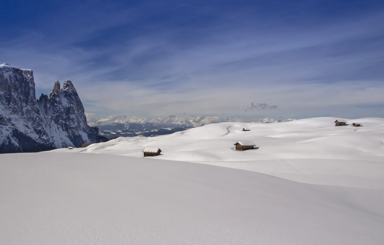 Photo wallpaper winter, the sky, clouds, snow, mountains, nature, rocks, hills