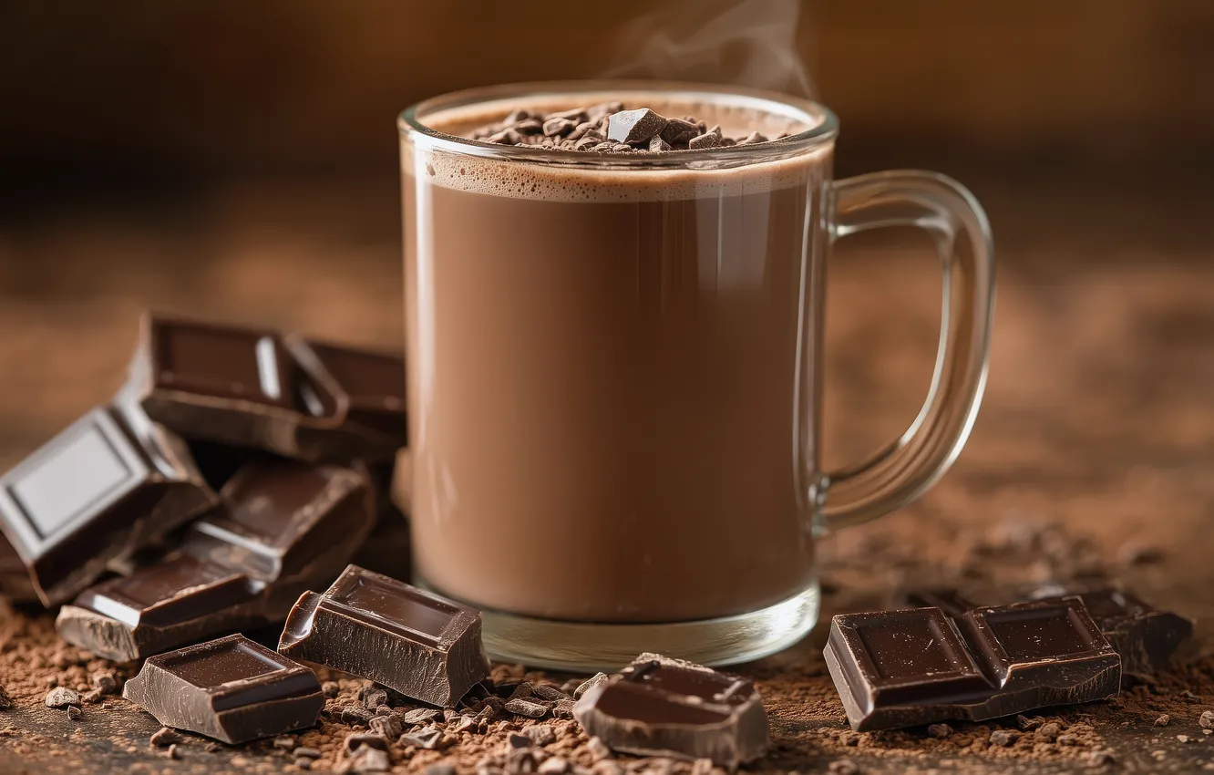 Photo wallpaper chocolate, slices, cocoa, hot chocolate, AI art, chocolate bar, neural network