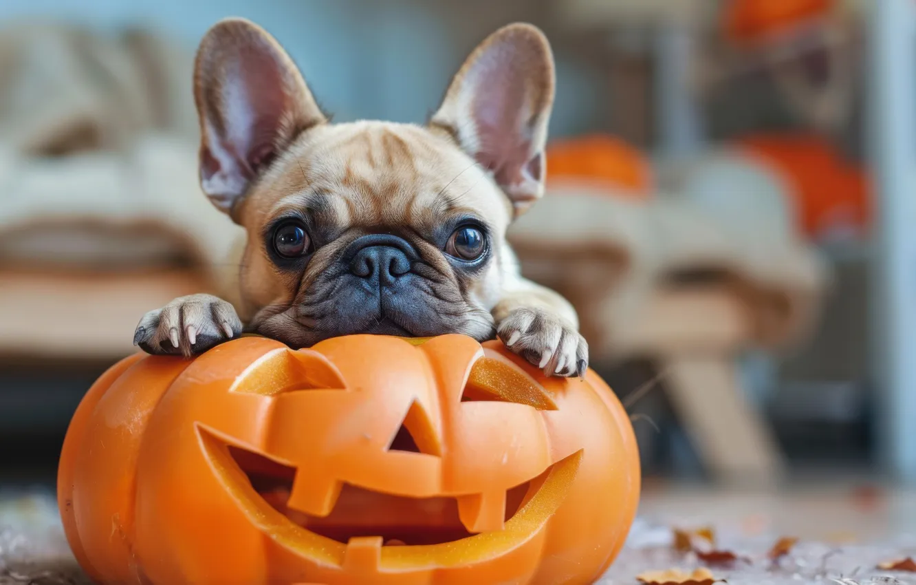 Photo wallpaper autumn, holiday, legs, dog, pumpkin, Halloween, Halloween, face