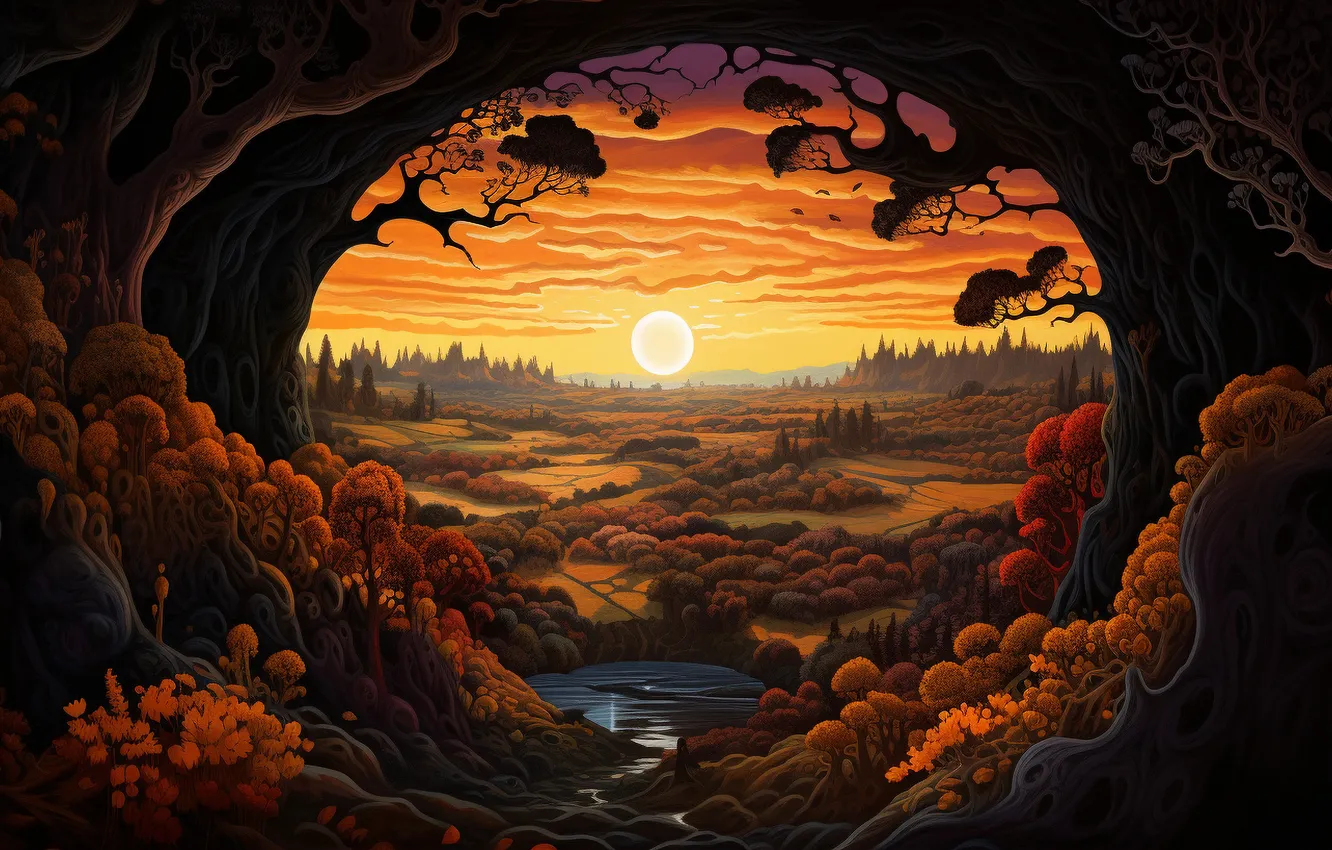 Photo wallpaper autumn, forest, the sun, trees, landscape, sunset, mountains, branches