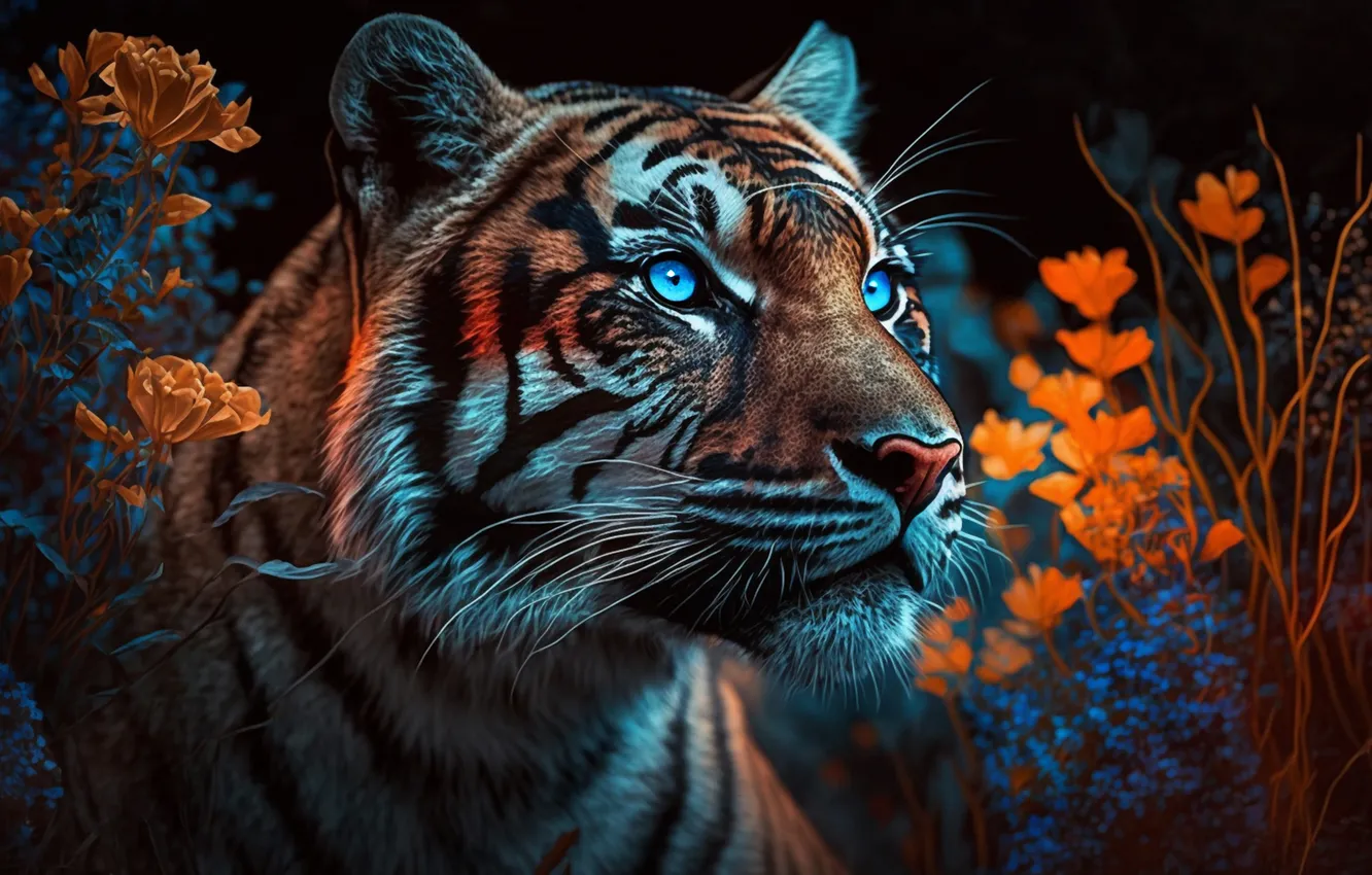 Photo wallpaper look, face, flowers, night, tiger, the dark background, portrait, AI art