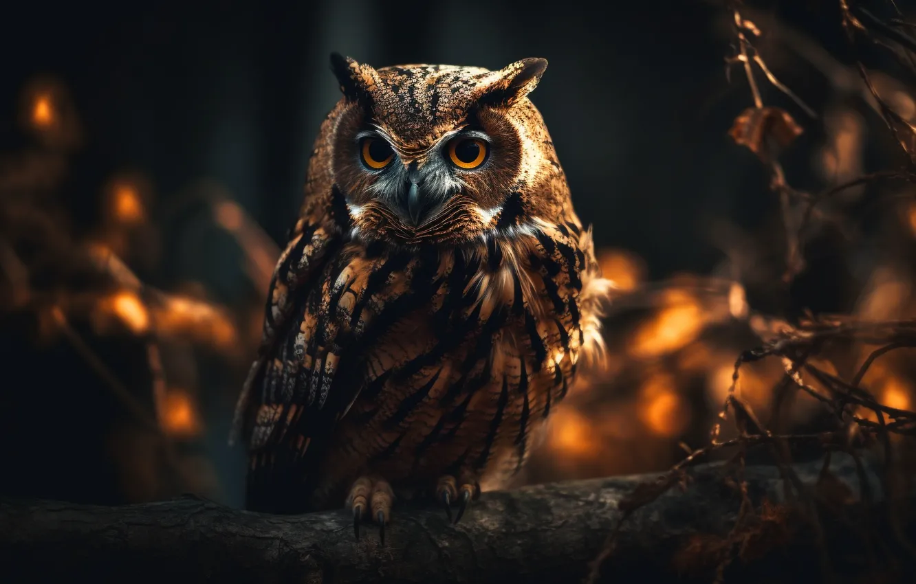 Photo wallpaper look, the dark background, owl, bird, AI art, neural network