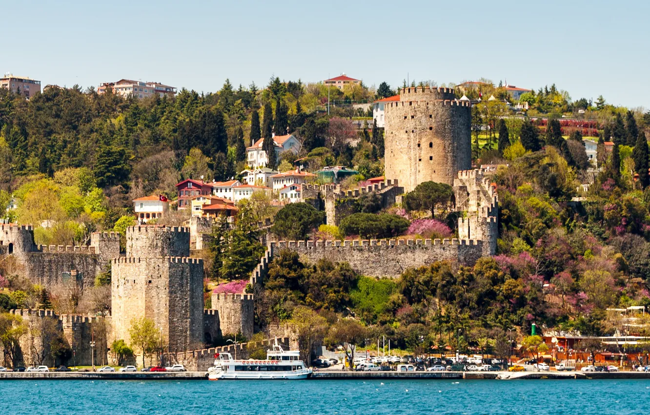 Photo wallpaper sea, coast, home, slope, fortress, Turkey, Istanbul