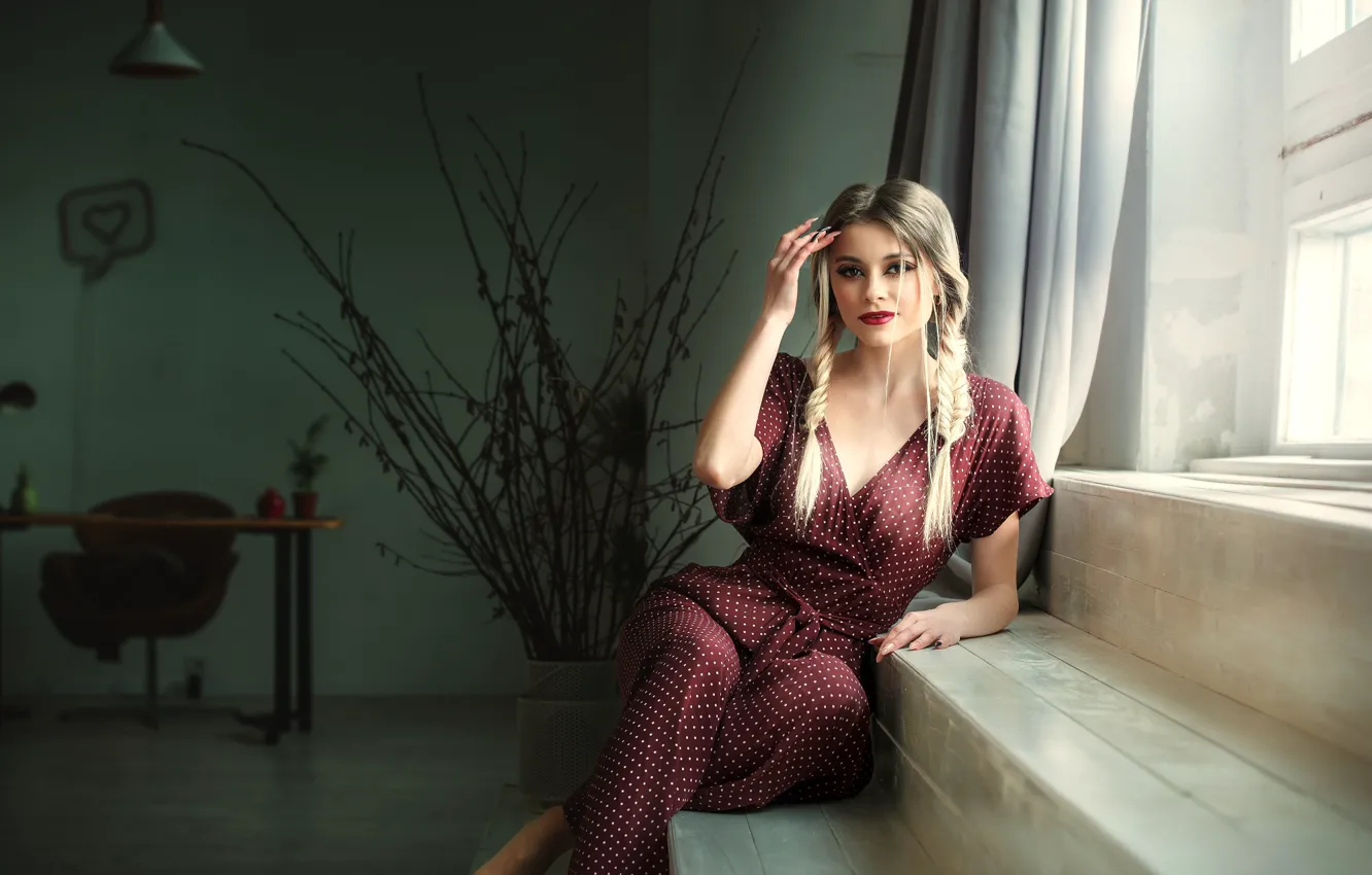 Photo wallpaper girl, branches, makeup, blonde, stage, braids, curtains, Rus