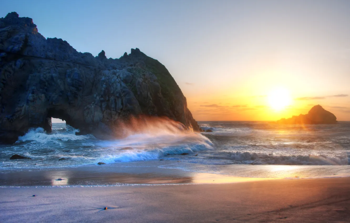Photo wallpaper sand, sea, wave, beach, the sky, sunset, rocks