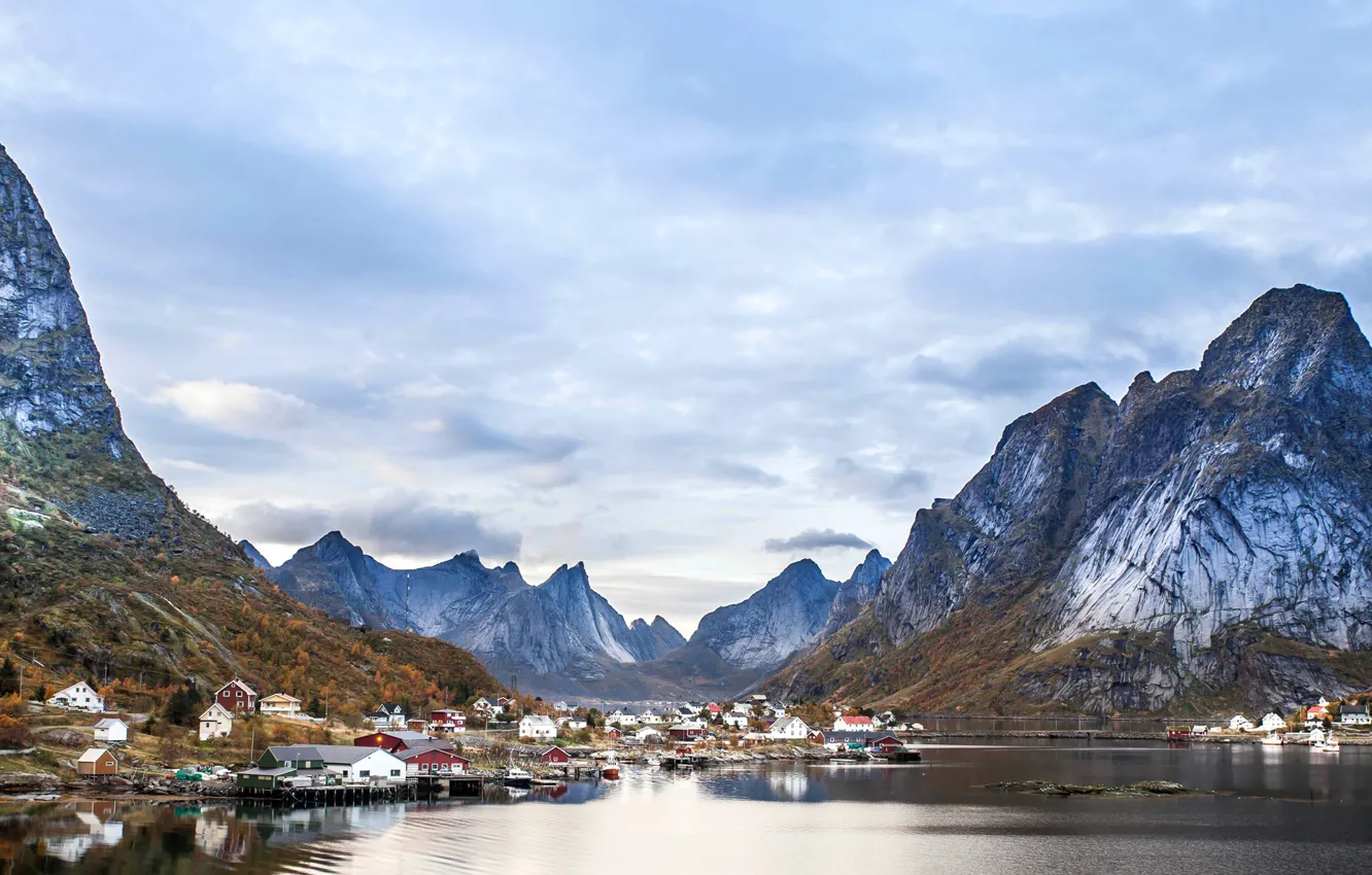 Photo wallpaper sea, the sky, mountains, home, the village, Norvene