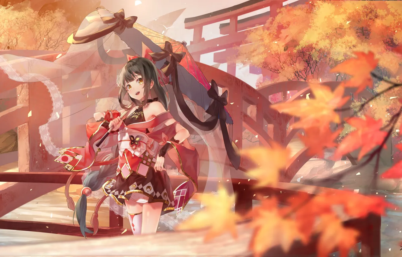 Photo wallpaper autumn, girl, umbrella, bow