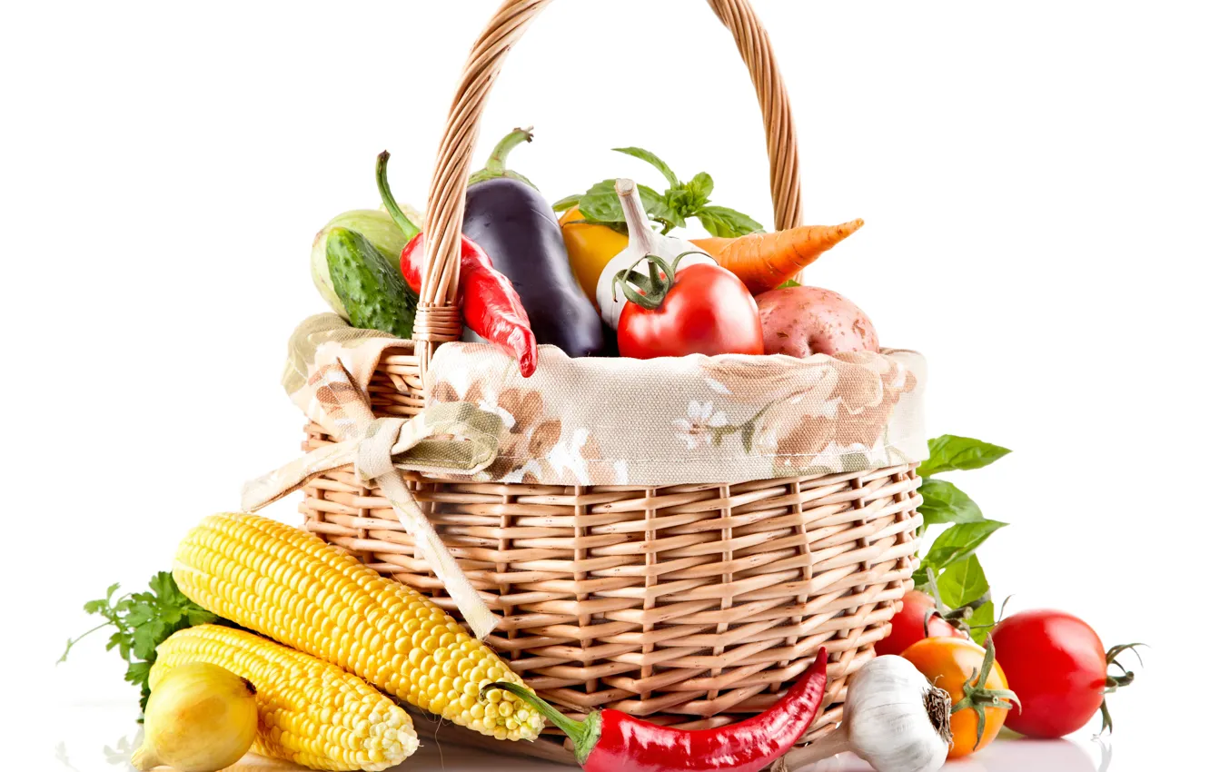 Photo wallpaper basket, corn, pepper, vegetables, tomatoes, carrots