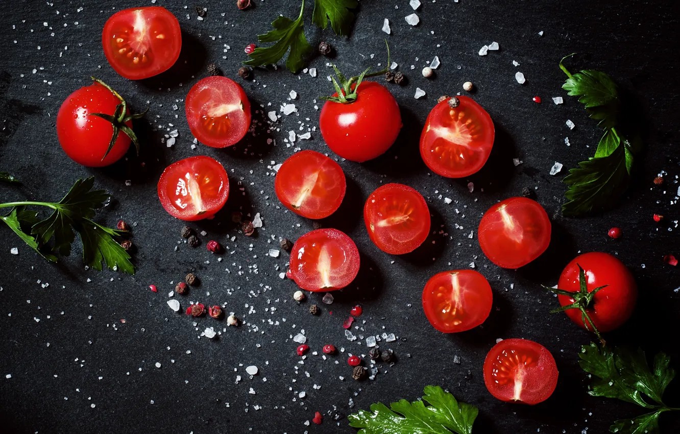 Photo wallpaper greens, tomatoes, spices