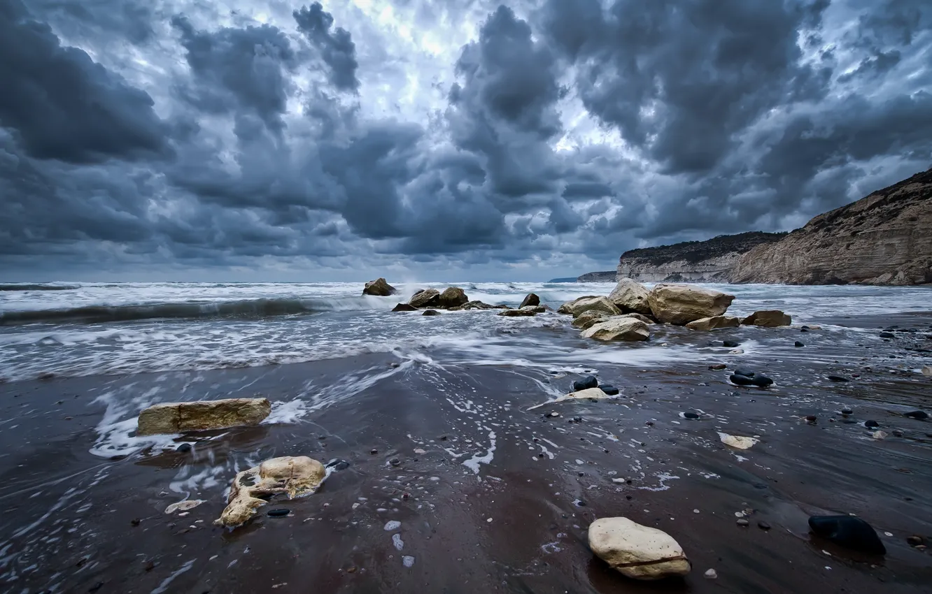 Photo wallpaper wave, the sky, water, clouds, landscape, nature, stones, the ocean