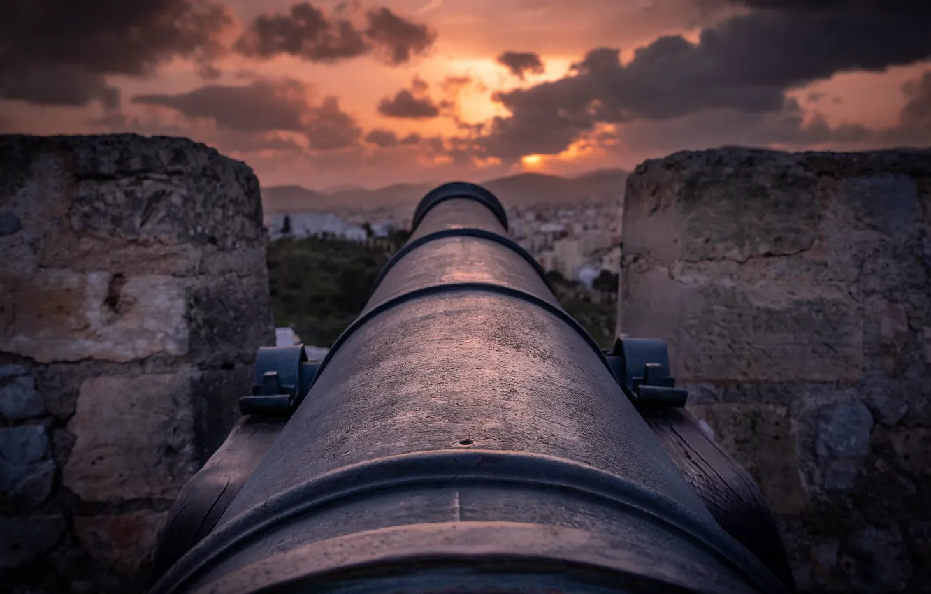 Photo wallpaper sunset, gun, fortress