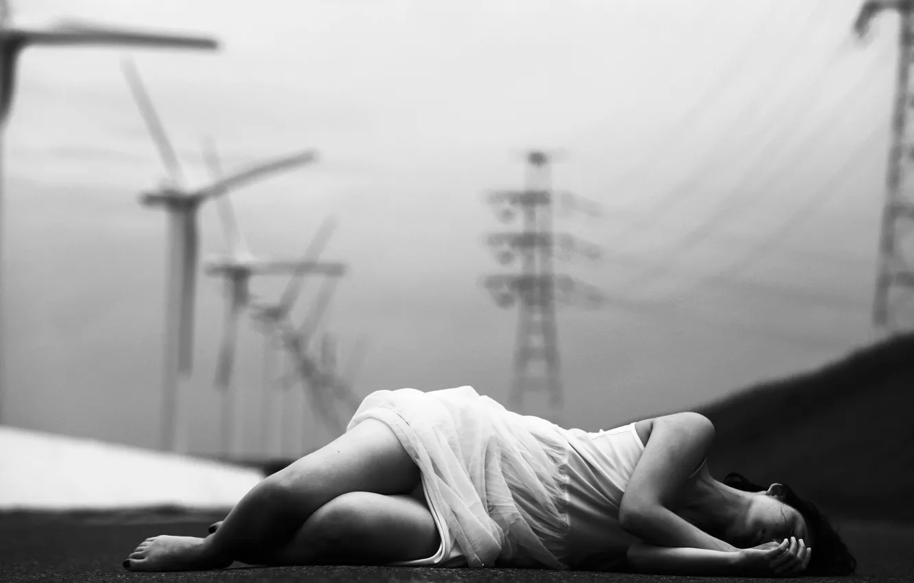 Photo wallpaper road, girl, stay, sleeping