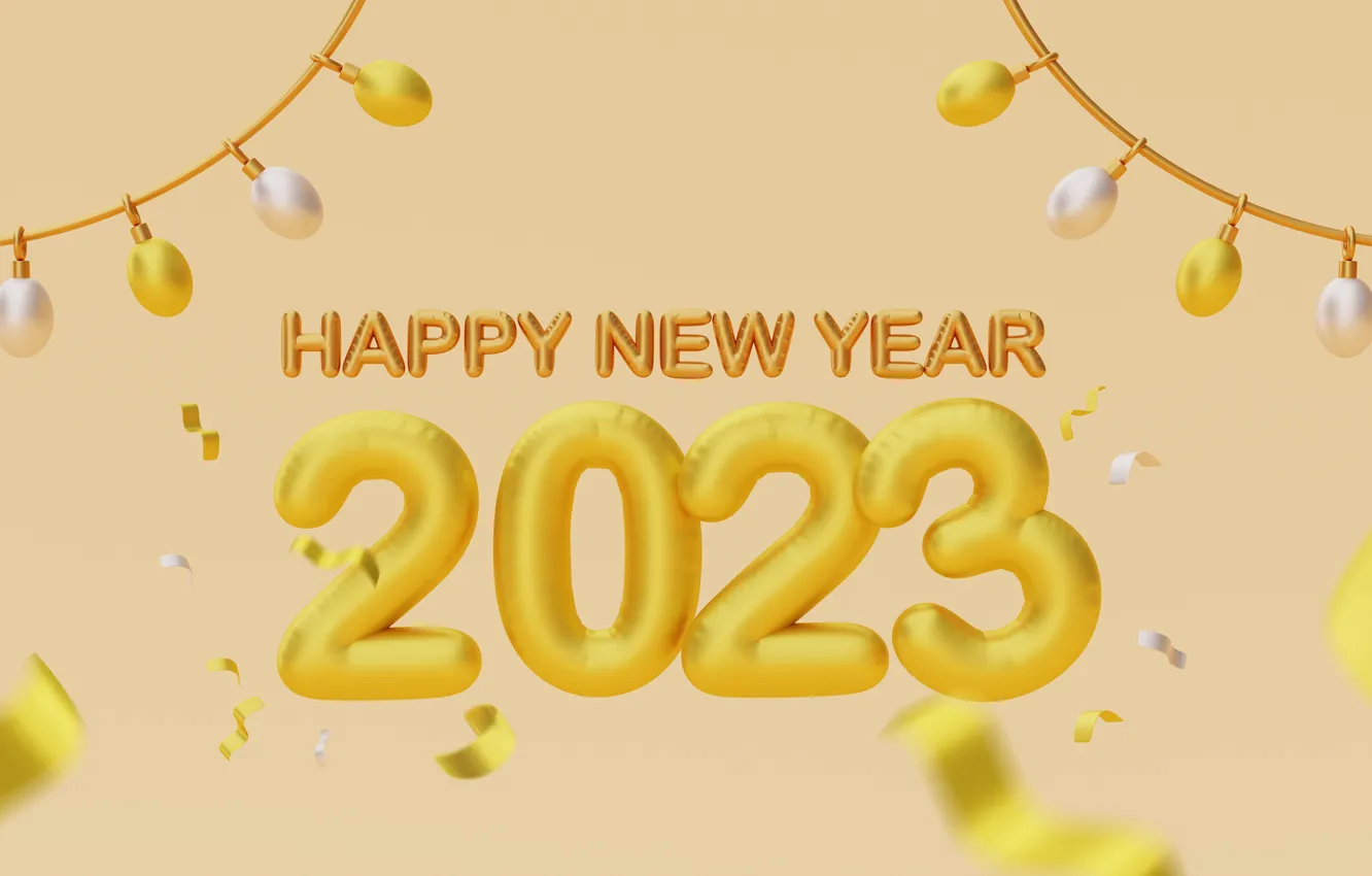 Photo wallpaper yellow, rendering, new year, figures, garland, light bulb, date, confetti