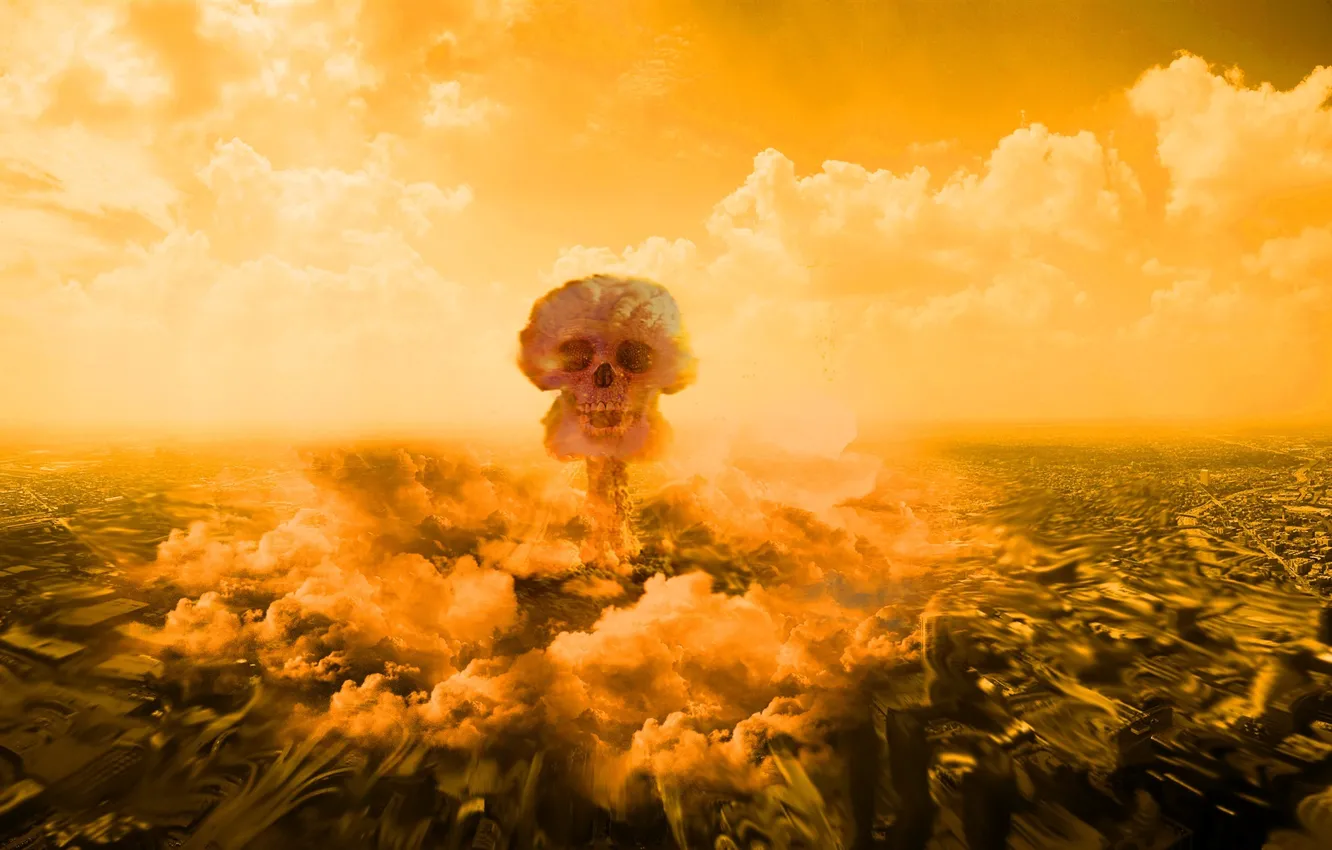 Photo wallpaper clouds, the city, death, skull, The explosion, destruction