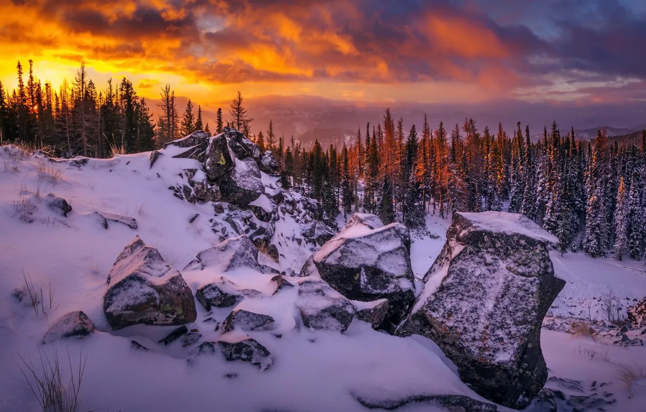Photo wallpaper winter, sunset, mountains