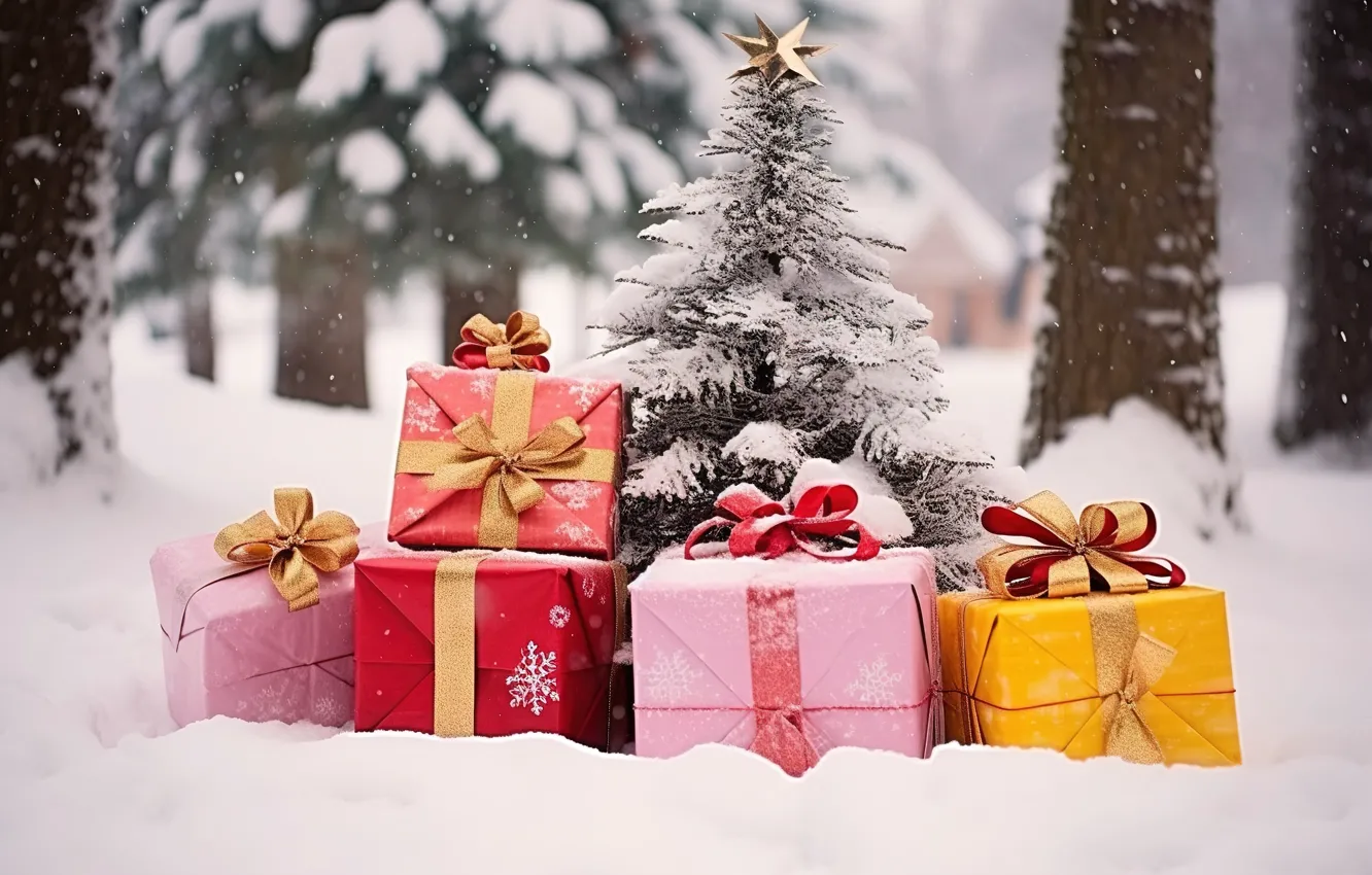 Photo wallpaper winter, snow, decoration, gift, balls, tree, new year, Christmas