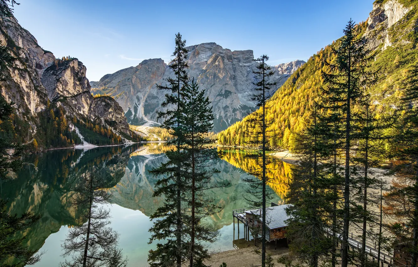 Photo wallpaper autumn, trees, mountains, lake, Alps