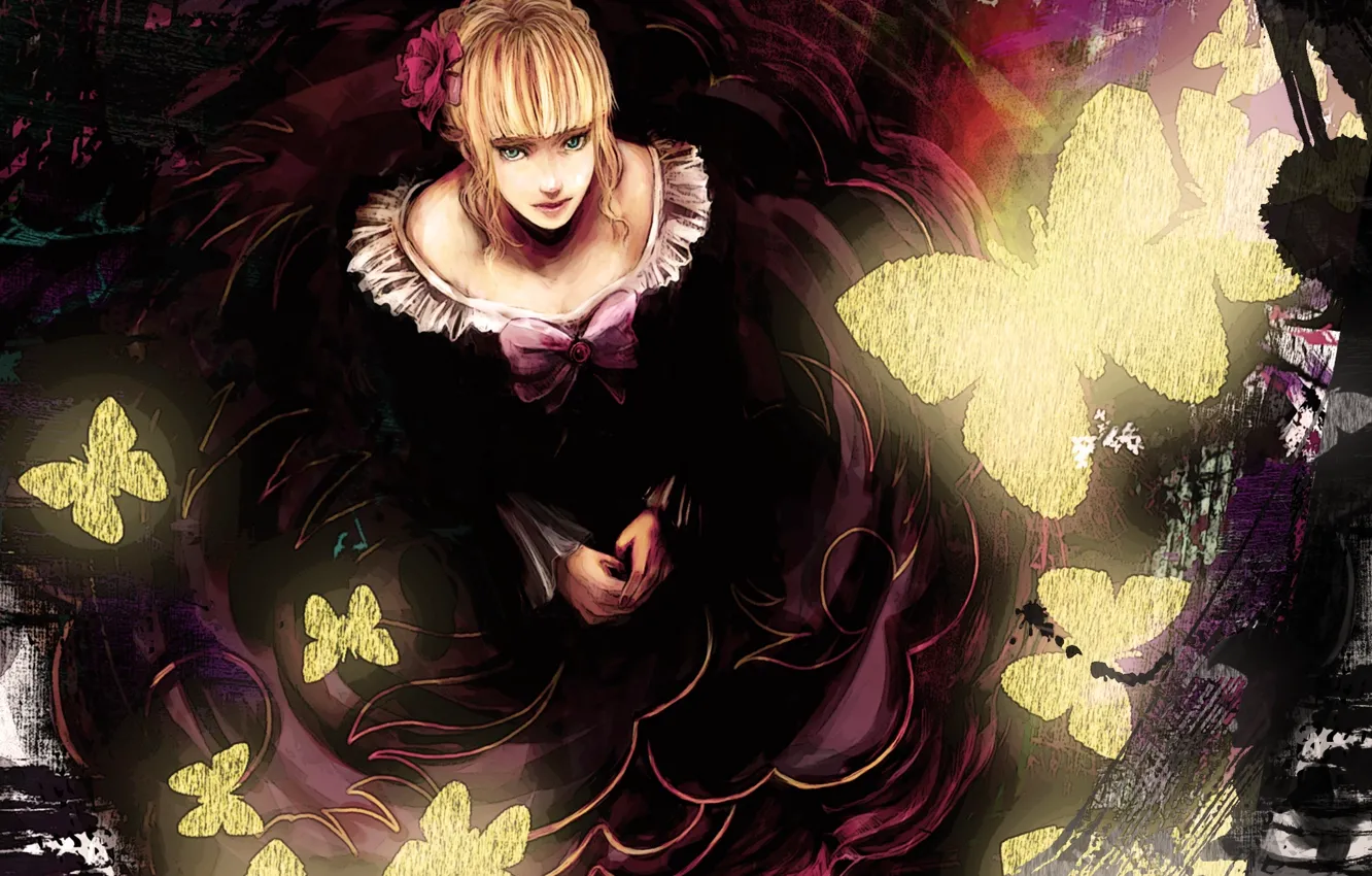 Photo wallpaper girl, flowers, butterfly, anime, art, bow, Umineko no Naku Koro ni, tsuyomaru