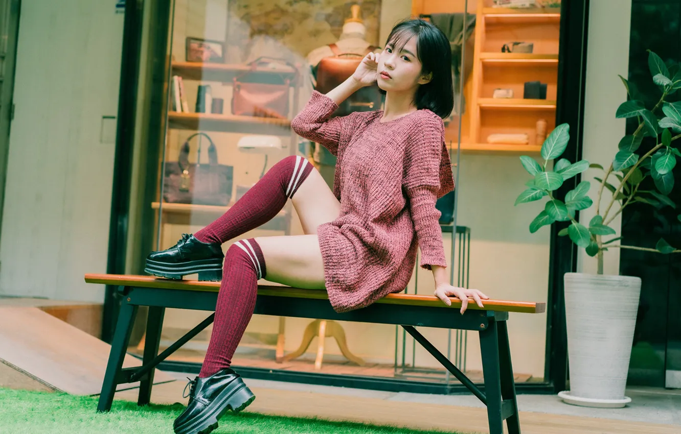 Photo wallpaper long hair, model, women, bench, asian, shoes, sitting, socks