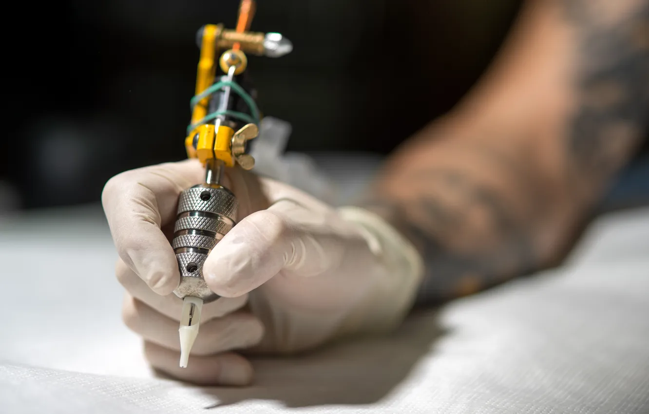 Photo wallpaper hand, tattoos, tattooing machine, latex glove