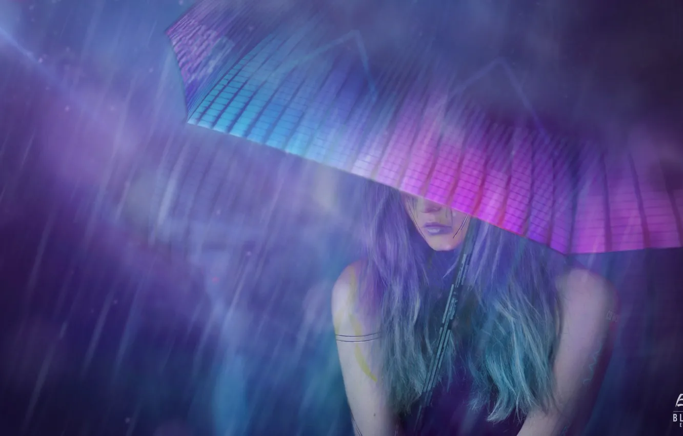 Photo wallpaper Girl, Night, Figure, Umbrella, Art, Art, Rain, Concept Art