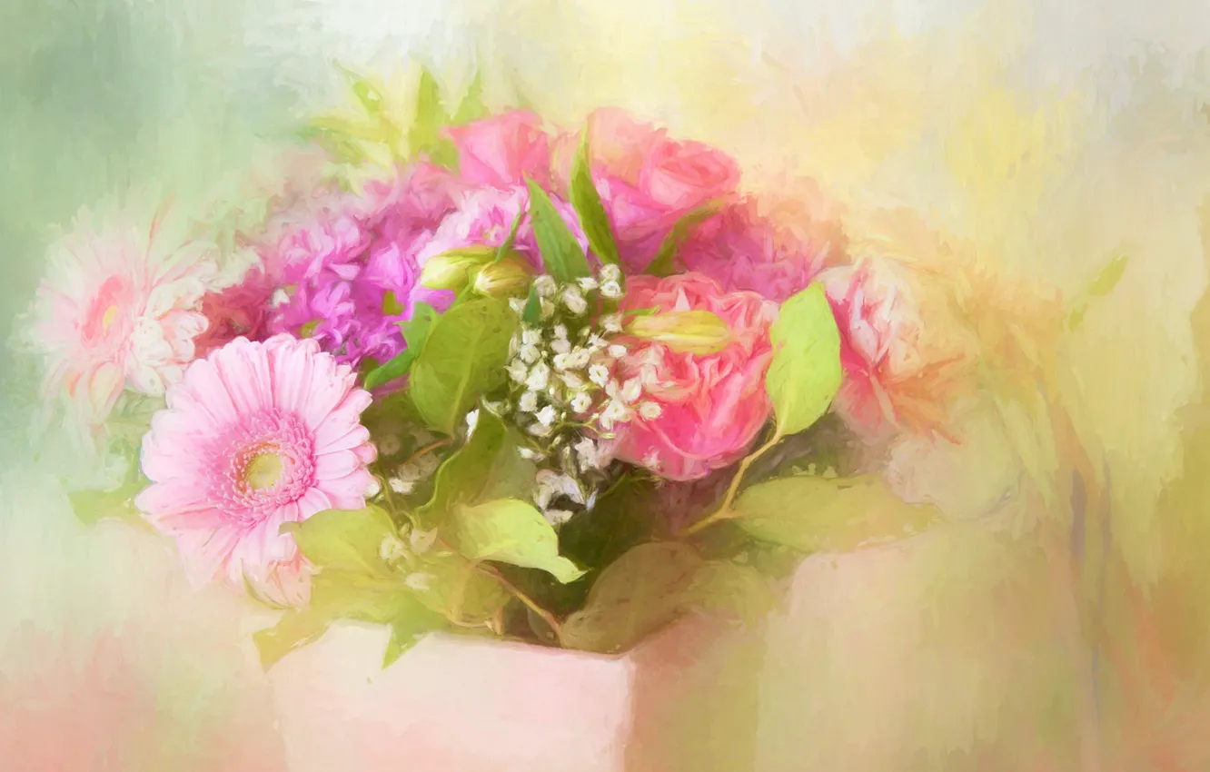 Photo wallpaper roses, bouquet, texture, gerbera