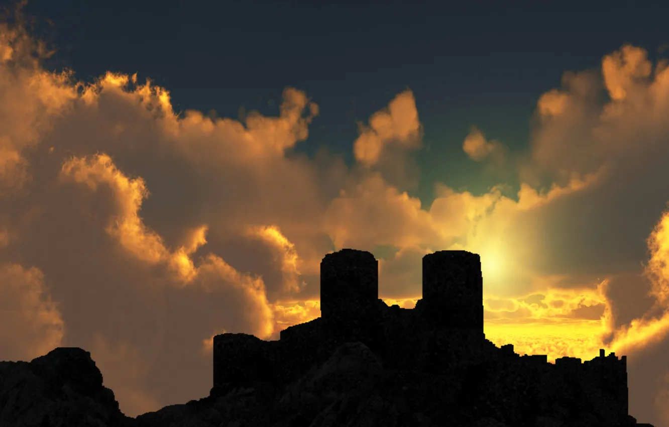 Photo wallpaper landscape, sunset, castle, medieval