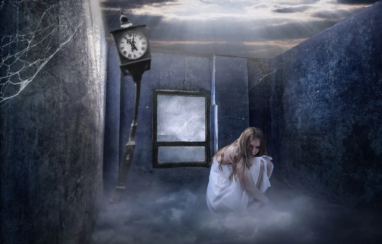 Photo wallpaper girl, clouds, cracked, pose, wall, watch, dress, window