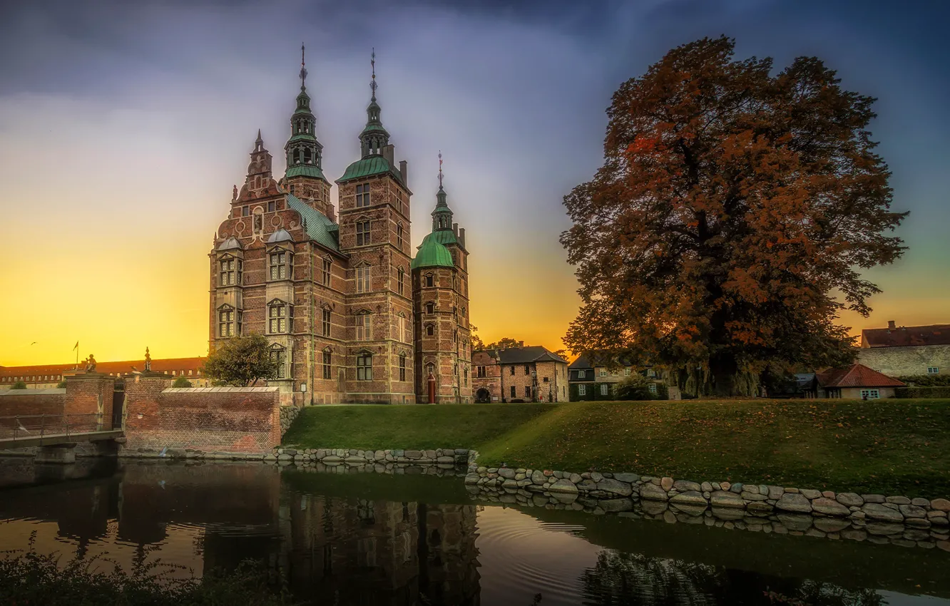 Photo wallpaper the sky, trees, sunset, pond, castle, home, the evening, Denmark