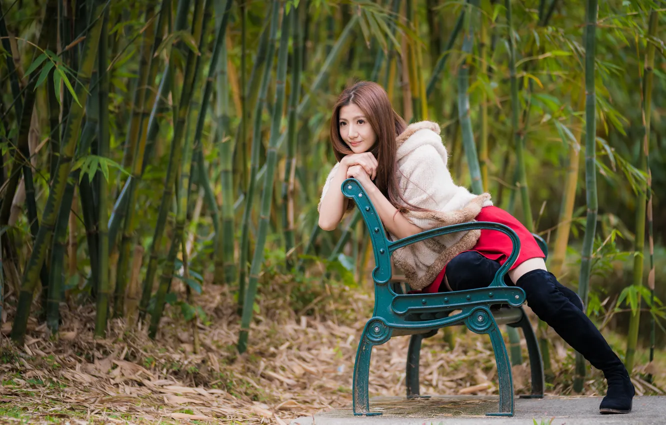 Photo wallpaper girl, sweetheart, boots, dress, Asian, sitting, bench, coat