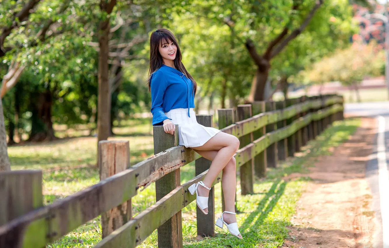 Photo wallpaper girl, the fence, legs, Asian, cutie, bokeh