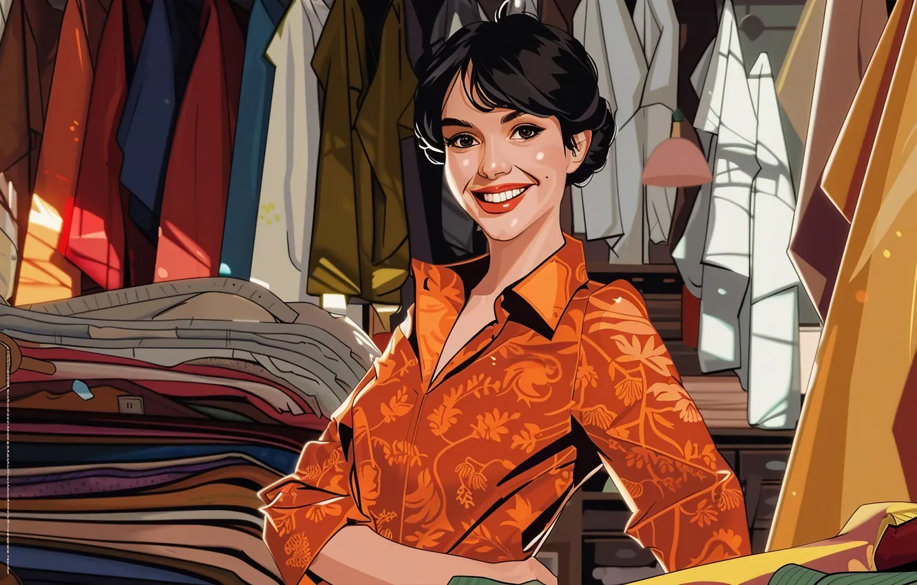 Photo wallpaper girl, smile, clothing, designer, digital art, fashion designer, AI art, The Art of Artificial Intelligence