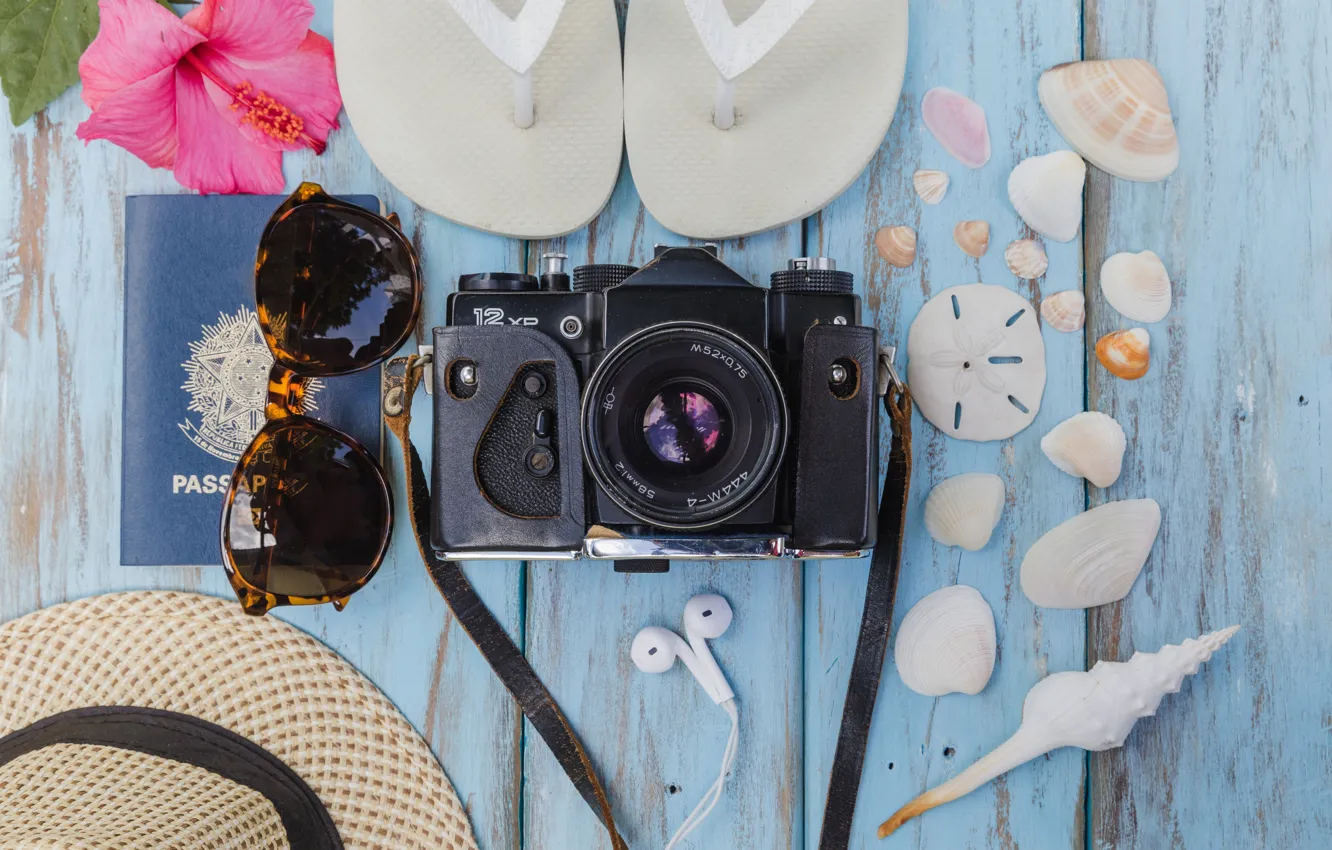 Photo wallpaper sea, flower, background, stay, hat, glasses, the camera, shell