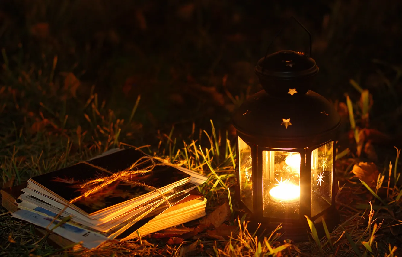 Photo wallpaper grass, leaves, candle, flashlight, lantern, letters, cards, Ikea