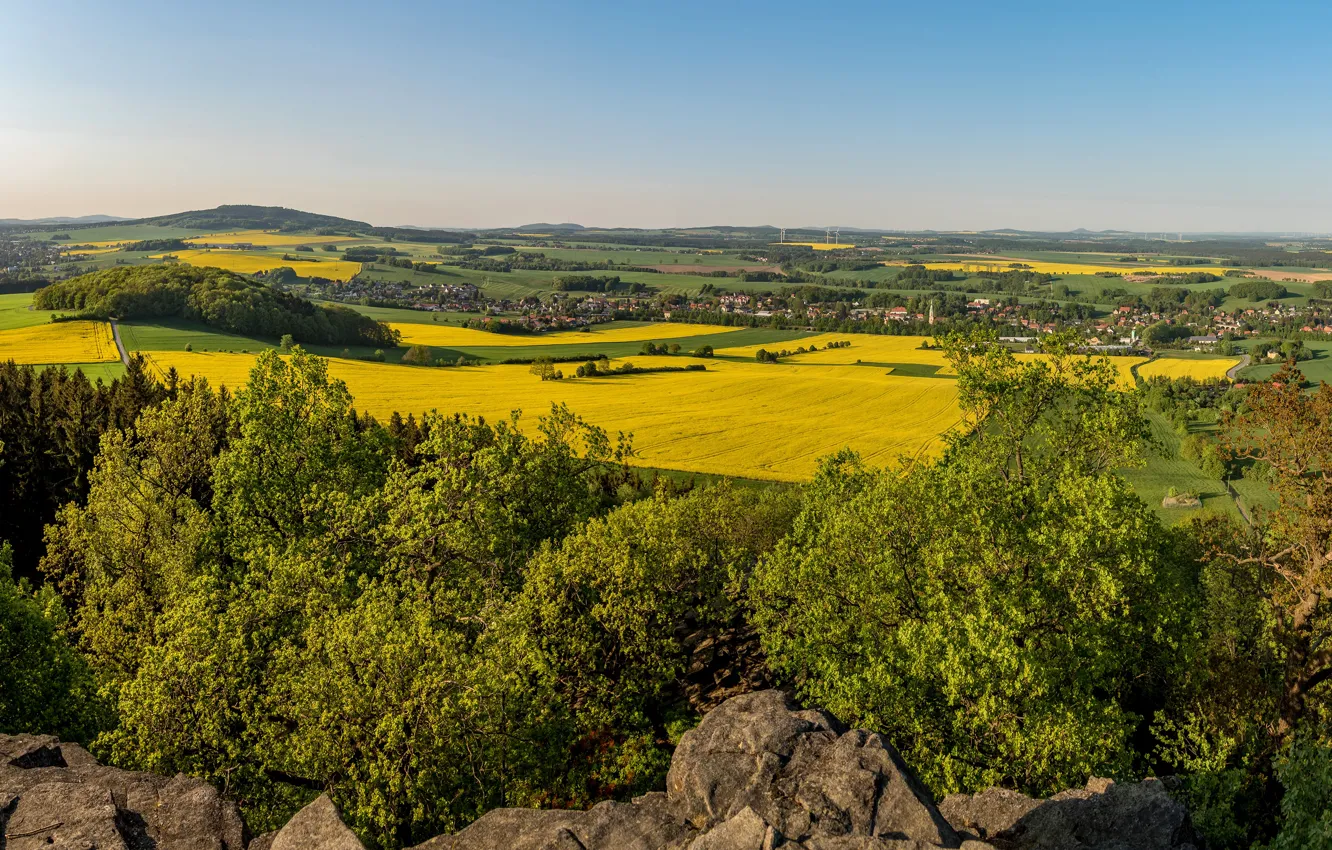 Photo wallpaper field, the sky, the sun, trees, home, Germany, panorama, Saxony