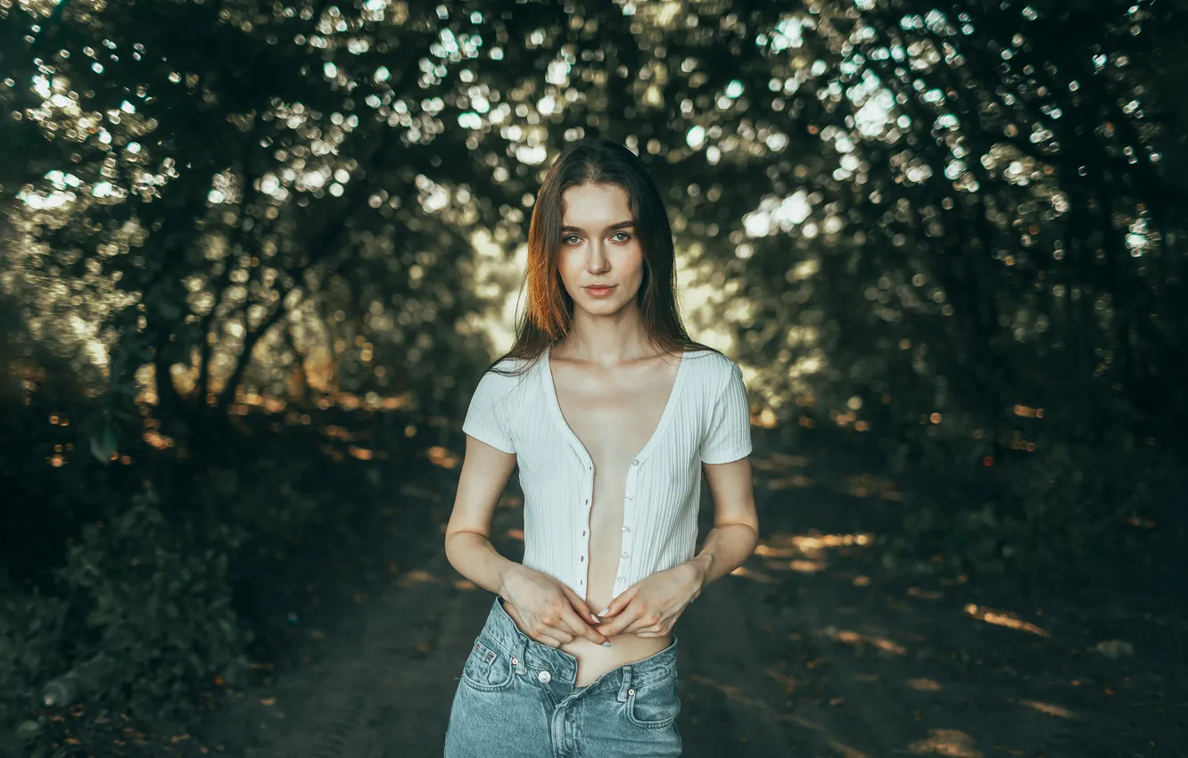 Photo wallpaper girl, sexy, young, beautiful, model, long-haired, tank top