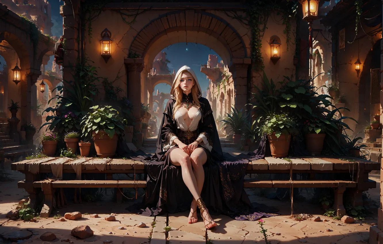 Photo wallpaper city, girl, night, bench, sitting, Fabulous, Tunic, long cloak