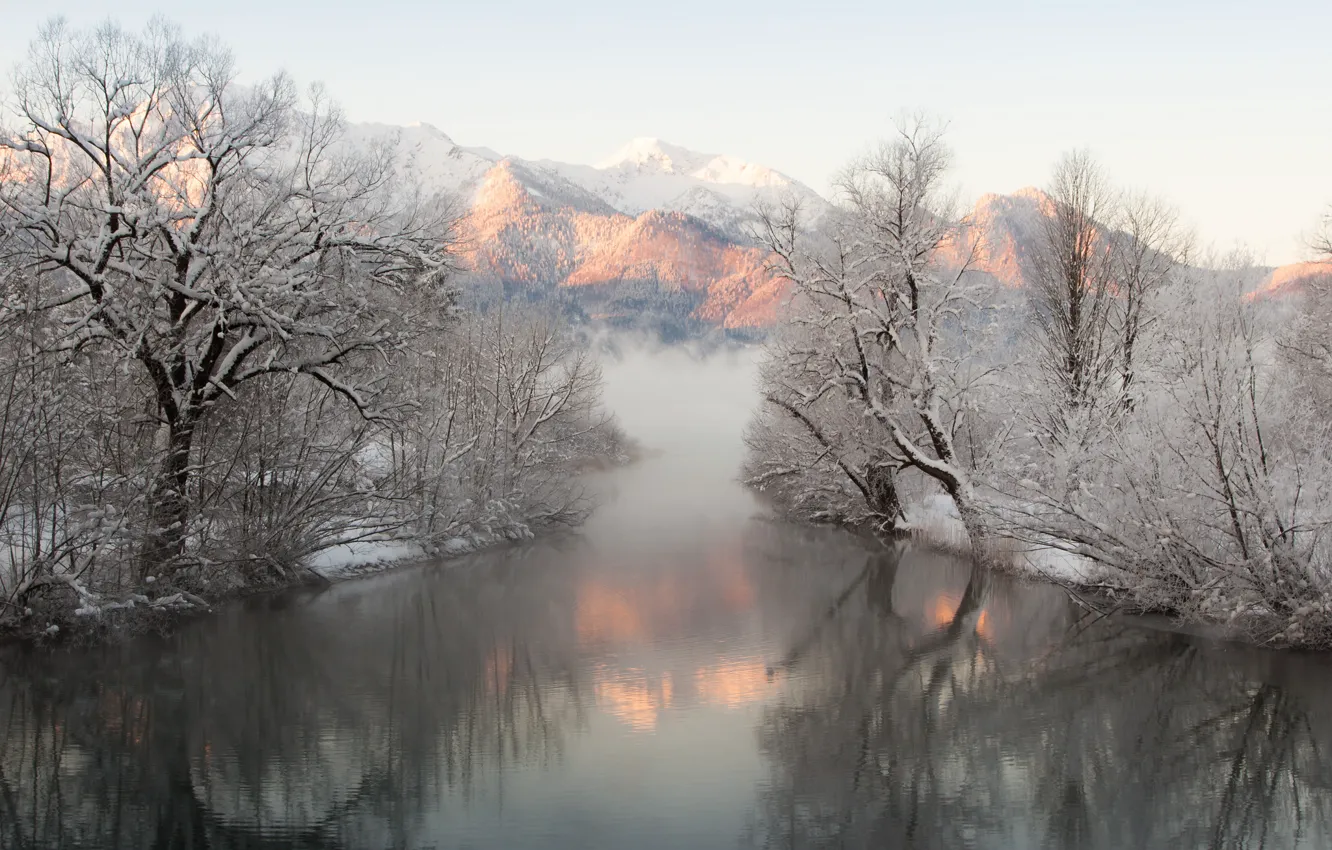 Photo wallpaper winter, snow, trees, mountains, fog, reflection, river