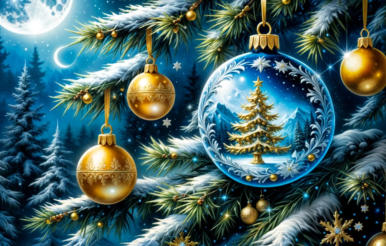 Photo wallpaper snow, decoration, balls, tree, AI ART