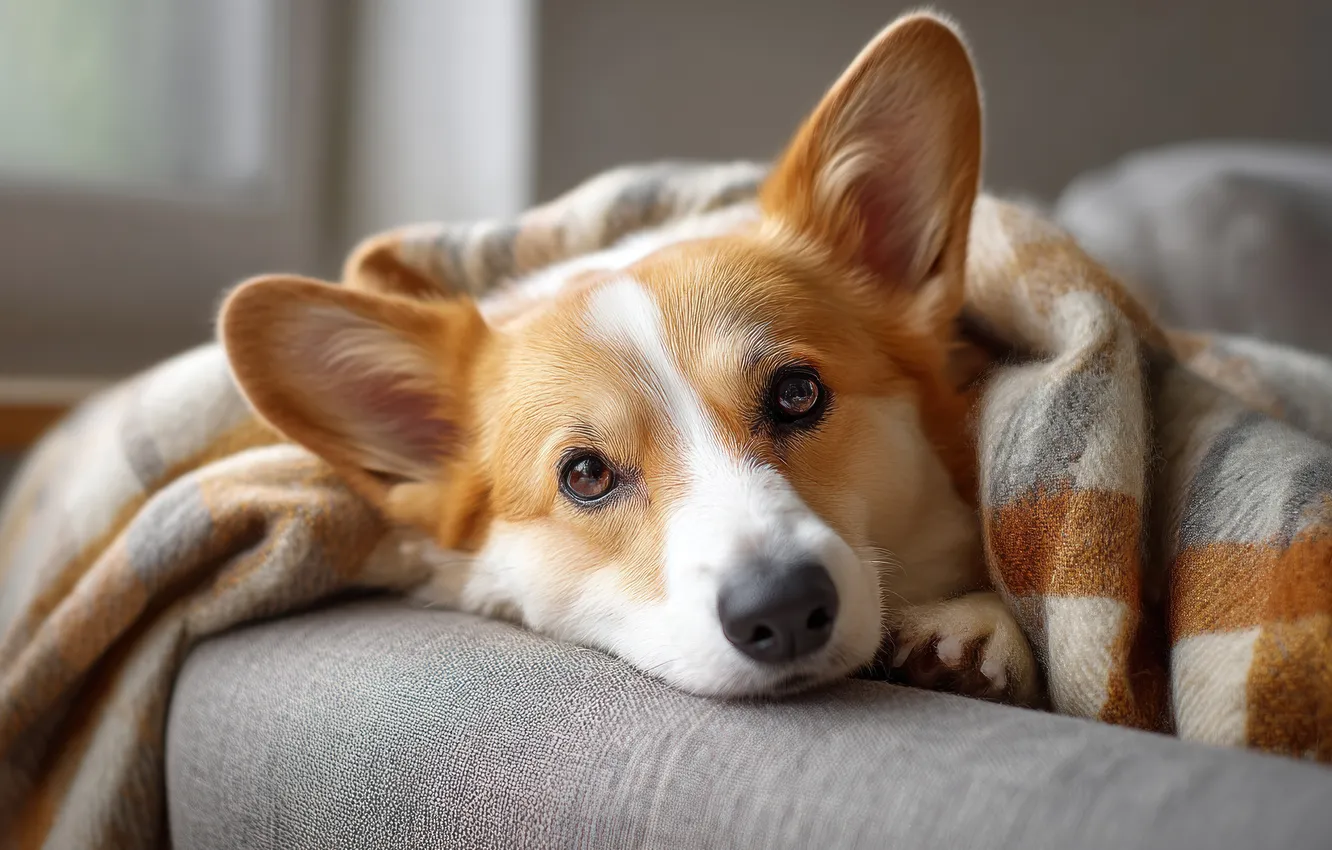 Photo wallpaper look, pose, comfort, sofa, dog, lies, plaid, face