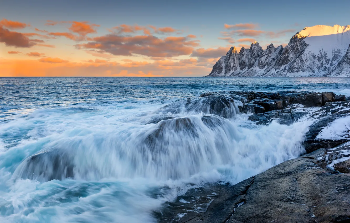 Photo wallpaper sea, wave, rocks, shore, stream
