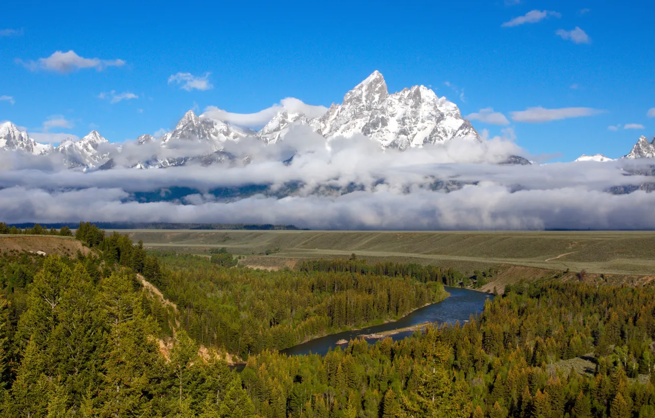 Photo wallpaper forest, the sky, clouds, snow, mountains, river