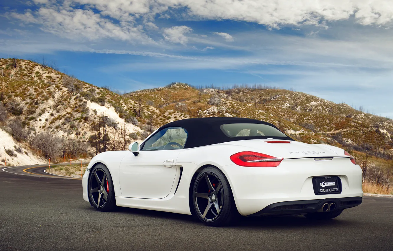 Photo wallpaper road, white, mountains, Porsche, white, Porsche, Boxster S, 981