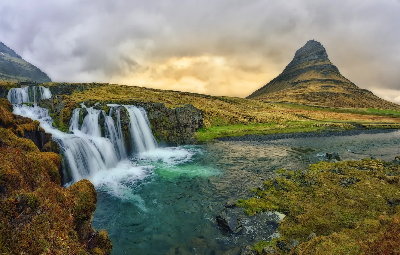 Photo wallpaper landscape, mountains, nature, waterfall