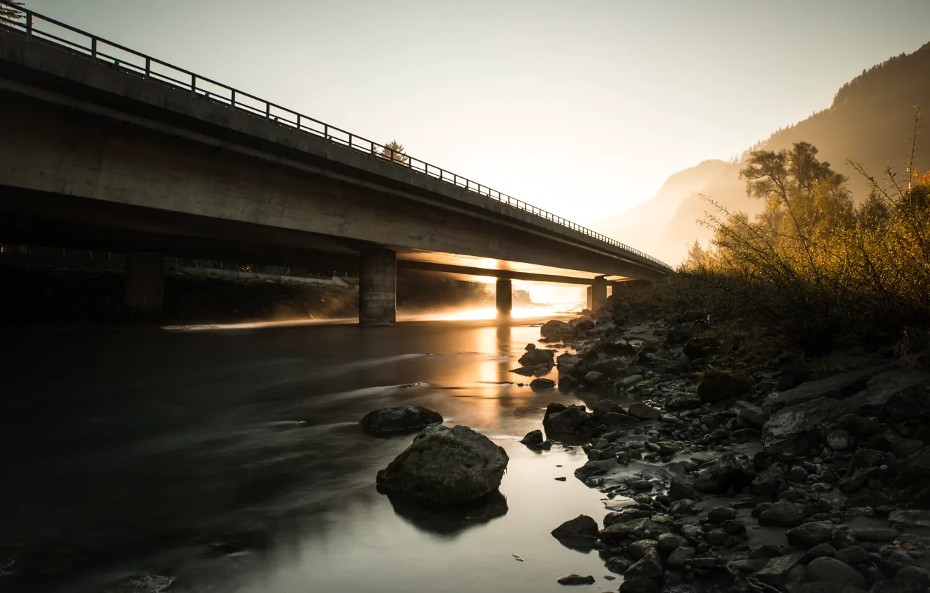 Photo wallpaper bridge, fog, river, morning