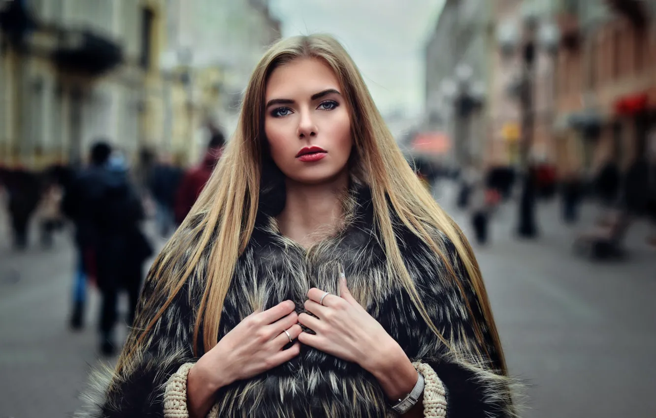 Photo wallpaper look, girl, photo, street, model, hair, hands, coat
